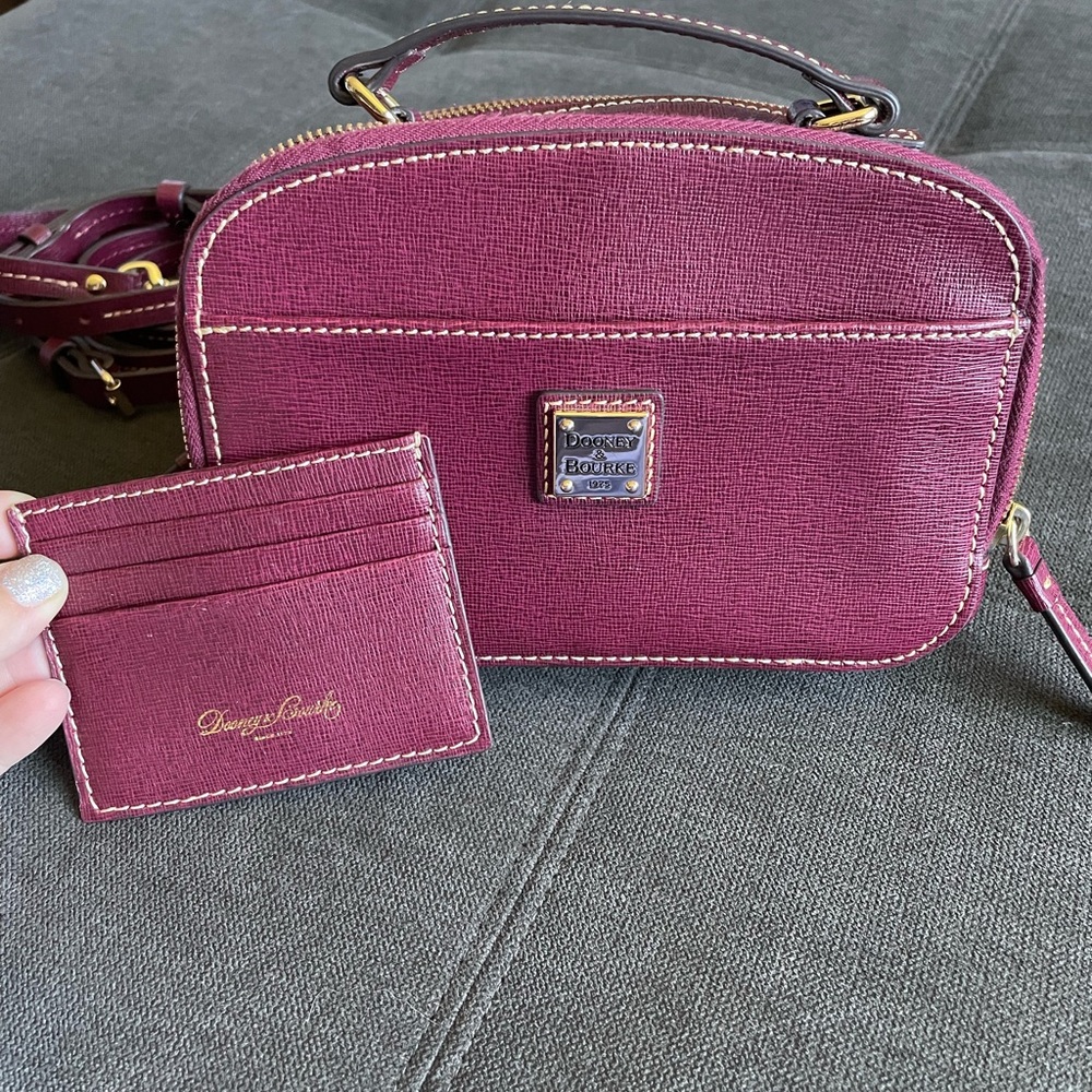 Dooney & Bourke camera crossbody bag card wallet cranberry burgundy red saffiano